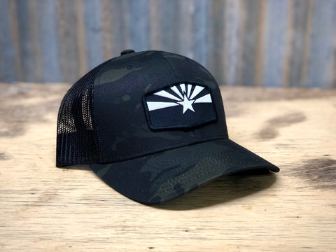BLACK MULTICAM CURVED TRUCKER WITH AZ PATCH